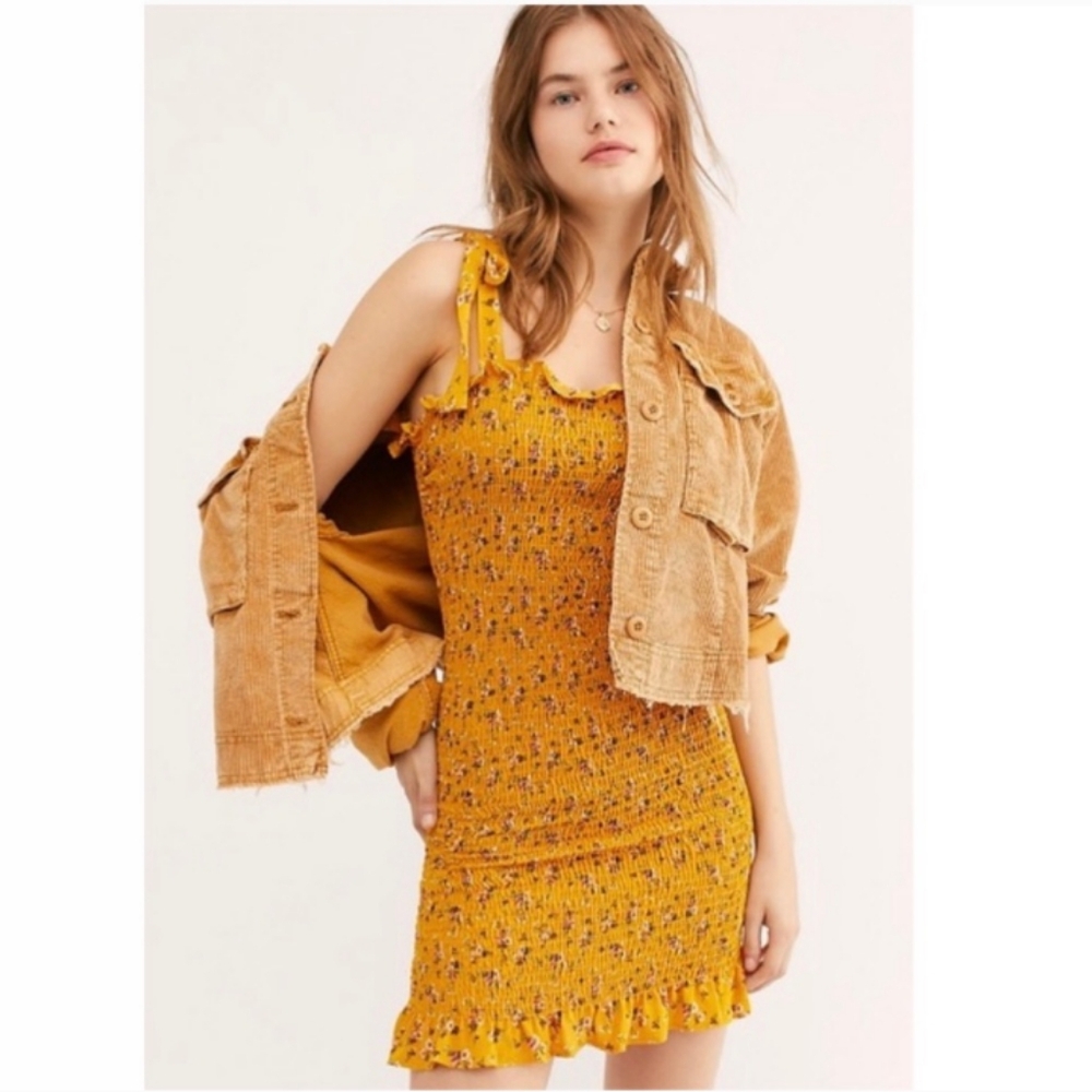 NWT Free People Bella Smocked Slip Dress in Yellow/Gold